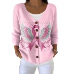Casual Pink Contrast Ribbon Wings Ribbon Art Print Buttoned Cardigan Sweater