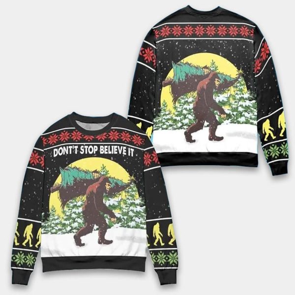 Don’t Stop Believin’ Bigfoot Ugly Christmas Sweater