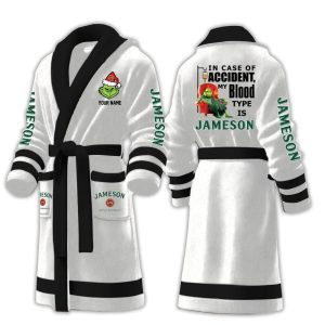 Grnch In Case Of Accident My Blood Type Is Jameson Fleece Bathrobe3