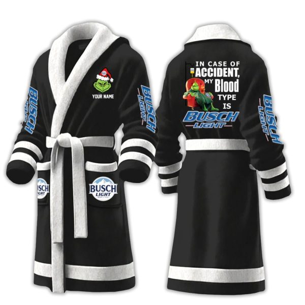 Grnch In Case Of Accident My Blood Type Is Busch Light Fleece Bathrobe