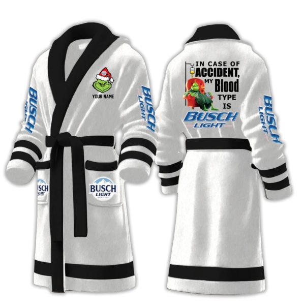 Grnch In Case Of Accident My Blood Type Is Busch Light Fleece Bathrobe