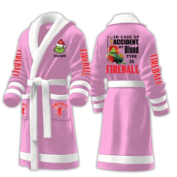 Grnch In Case Of Accident My Blood Type Is Fireball Fleece Bathrobe