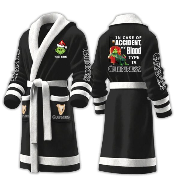 Grnch In Case Of Accident My Blood Type Is Guinness Fleece Bathrobe