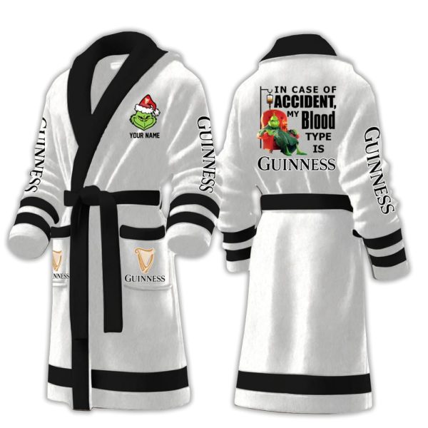 Grnch In Case Of Accident My Blood Type Is Guinness Fleece Bathrobe