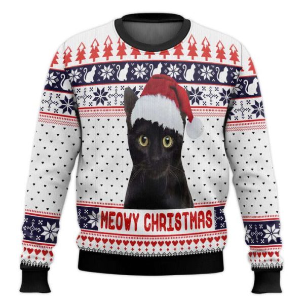 Meowy Christmas Cat With Santa Hat Ugly Christmas Sweater