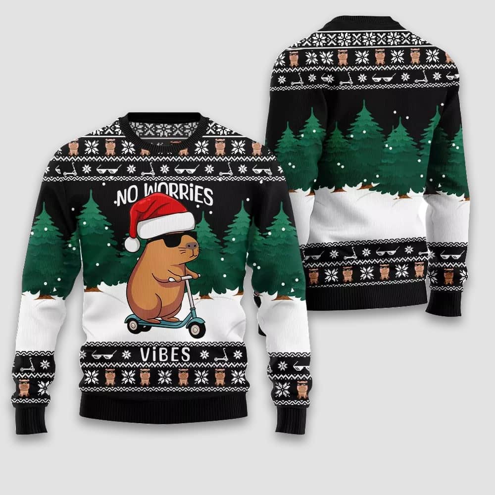 No Worries Vibes Capybara Ugly Christmas Sweater No Worries Vibes Capybara Ugly Christmas Sweater