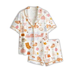 Women’s Fall Cozy Halloween Satin Pajama Set – Pumpkin Spice & Ghost Print