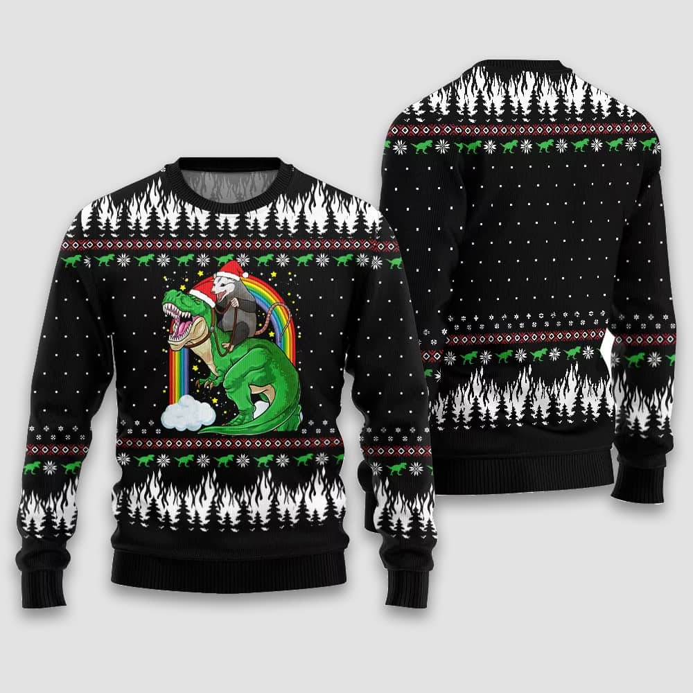 Opossum Riding Dinosaur Ugly Christmas Sweater Opossum Riding Dinosaur Ugly Christmas Sweater