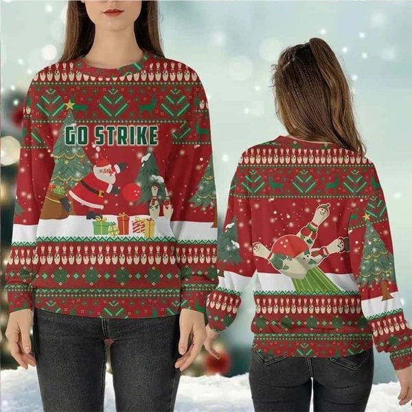 Santa Go Strike Funny Bowling Christmas Ugly Sweater
