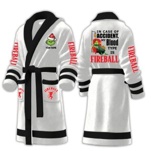 Grnch In Case Of Accident My Blood Type Is Fireball Fleece Bathrobe3