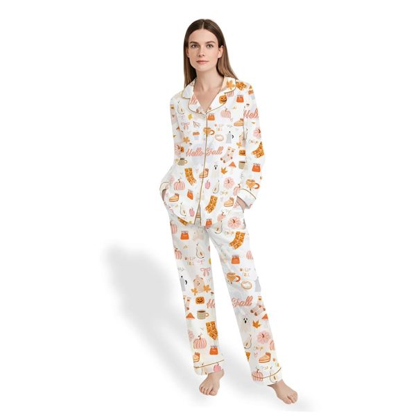 Women’s Fall Cozy Halloween Satin Pajama Set – Pumpkin Spice & Ghost Print