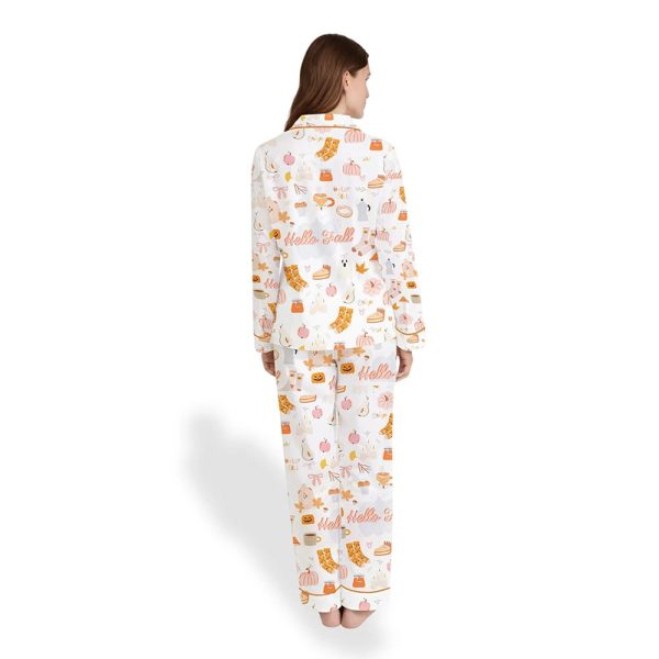 Women’s Fall Cozy Halloween Satin Pajama Set – Pumpkin Spice & Ghost Print