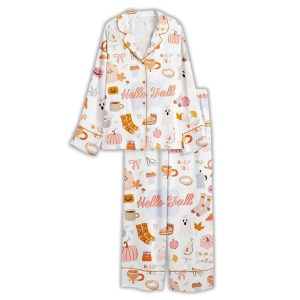 Womens Fall Cozy Halloween Satin Pajama Set Pumpkin Spice Ghost Print2