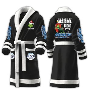 Grnch In Case Of Accident My Blood Type Is Busch Light Fleece Bathrobe1