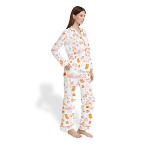 Womens Fall Cozy Halloween Satin Pajama Set Pumpkin Spice Ghost Print4