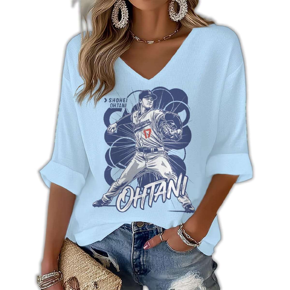 2025 Shohei Ohtani Print Waffle V Neck T shirt 2025 Shohei Ohtani Print Waffle V Neck T-shirt