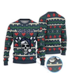 Heart Pattern Cowboys Skull Candy Cane Santa Hat Ugly Christmas Sweater