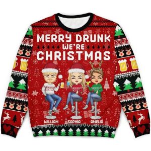 2025 Personalized Merry Drunk We’re Christmas Ugly Christmas Sweater