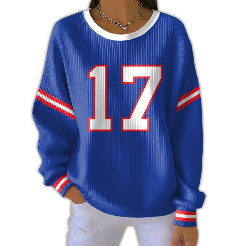 Bills Josh Allen 17 Pit Striped Sweatshirt Bills Josh Allen 17 Pit Striped Sweatshirt