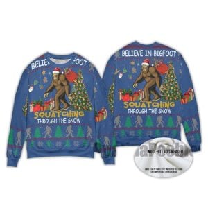 Believe Bigfoot Squatching Through The Snow Ugly Christmas Sweater2