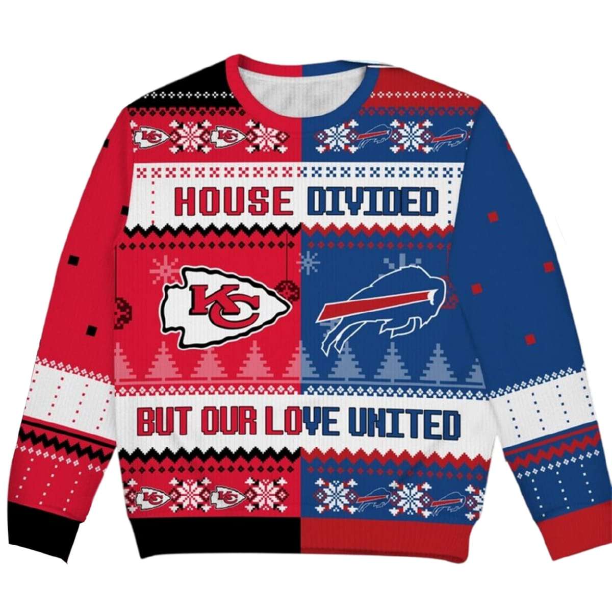 Chiefs x Bills House Divided Team But Our Love United Christmas Ugly Sweater Chiefs x Bills House Divided Team But Our Love United Christmas Ugly Sweater