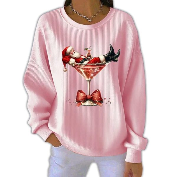 Cocktail Santa Christmas Pit Striped Sweatshirt