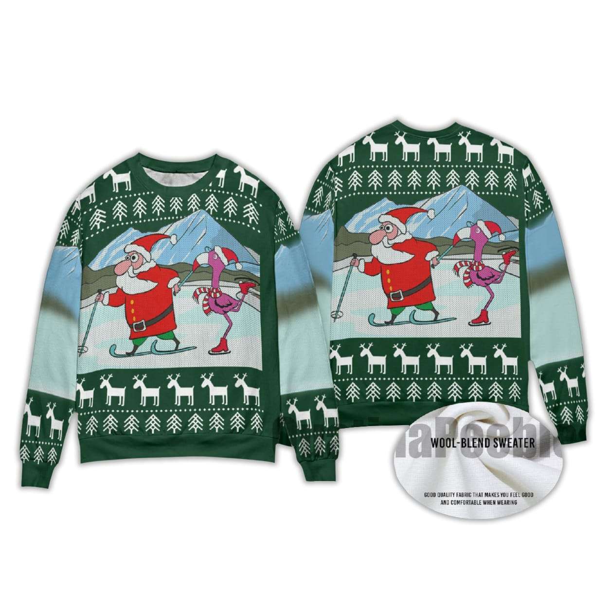 2025 Funny Santa And Flamingo Skating Ugly Christmas Sweater 2025 Funny Santa And Flamingo Skating Ugly Christmas Sweater