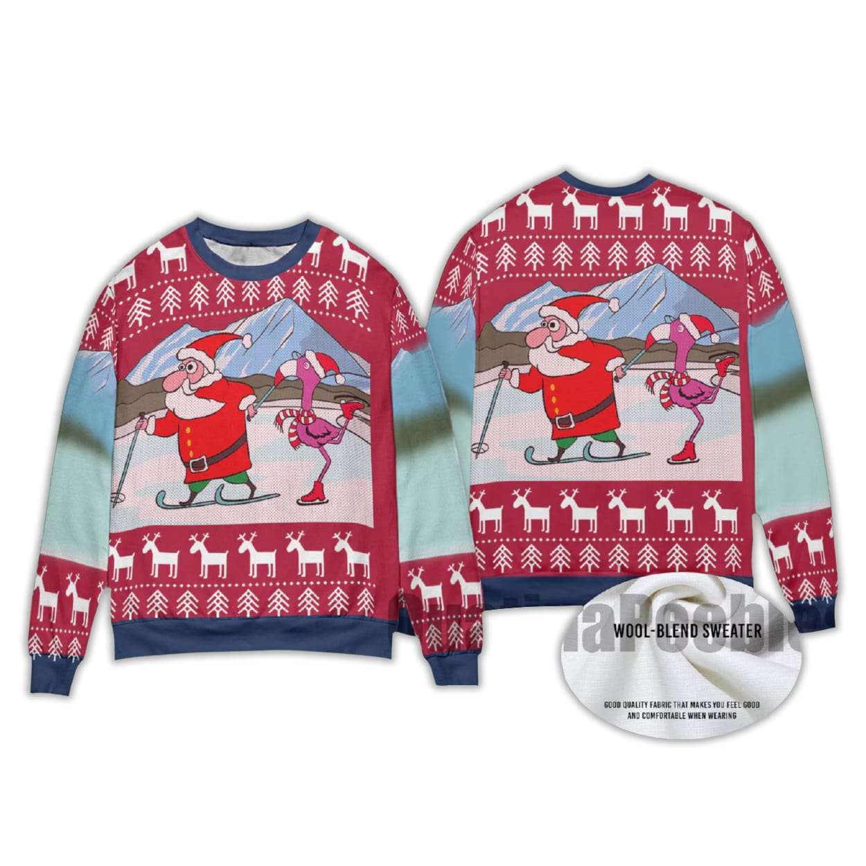 2025 Funny Santa And Flamingo Skating Ugly Christmas Sweater 2025 Funny Santa And Flamingo Skating Ugly Christmas Sweater