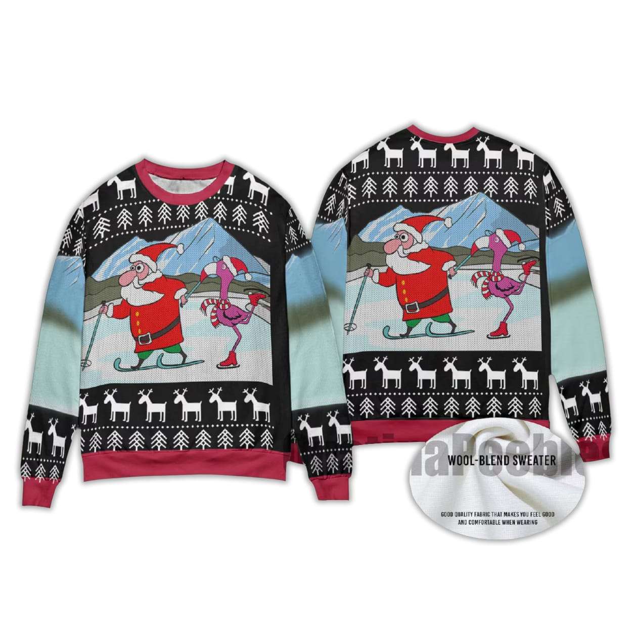 2025 Funny Santa And Flamingo Skating Ugly Christmas Sweater 2025 Funny Santa And Flamingo Skating Ugly Christmas Sweater
