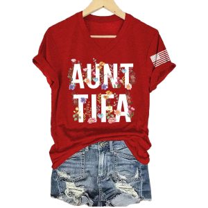 V-Neck Retro Aunt Tifa Print T-Shirt 4 V Neck Retro Aunt Tifa Print T Shirt4