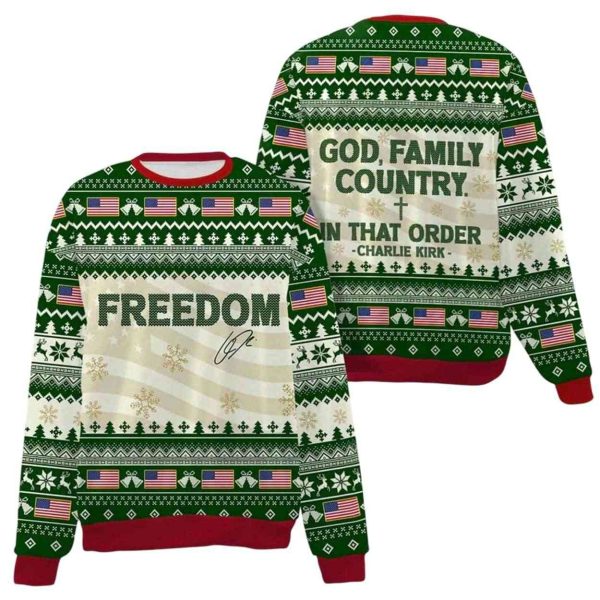 God Family Country In That Order Charlie Kirk Ugly Christmas Sweater