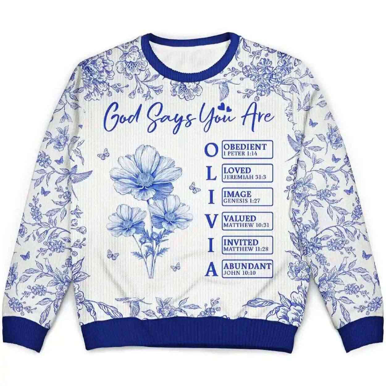 God Says I Am Toile De Jouy Flower Personalized Ugly Christmas Sweater God Says I Am Toile De Jouy Flower Personalized Ugly Christmas Sweater