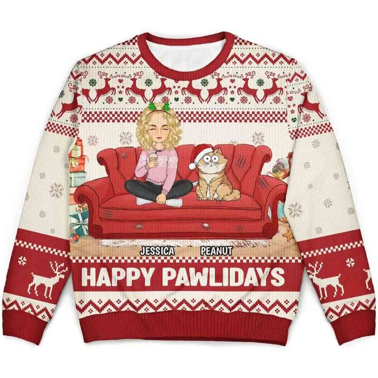 Happy Pawlidays Cartoon Girl Personalized Ugly Christmas Sweater Happy Pawlidays Cartoon Girl Personalized Ugly Christmas Sweater