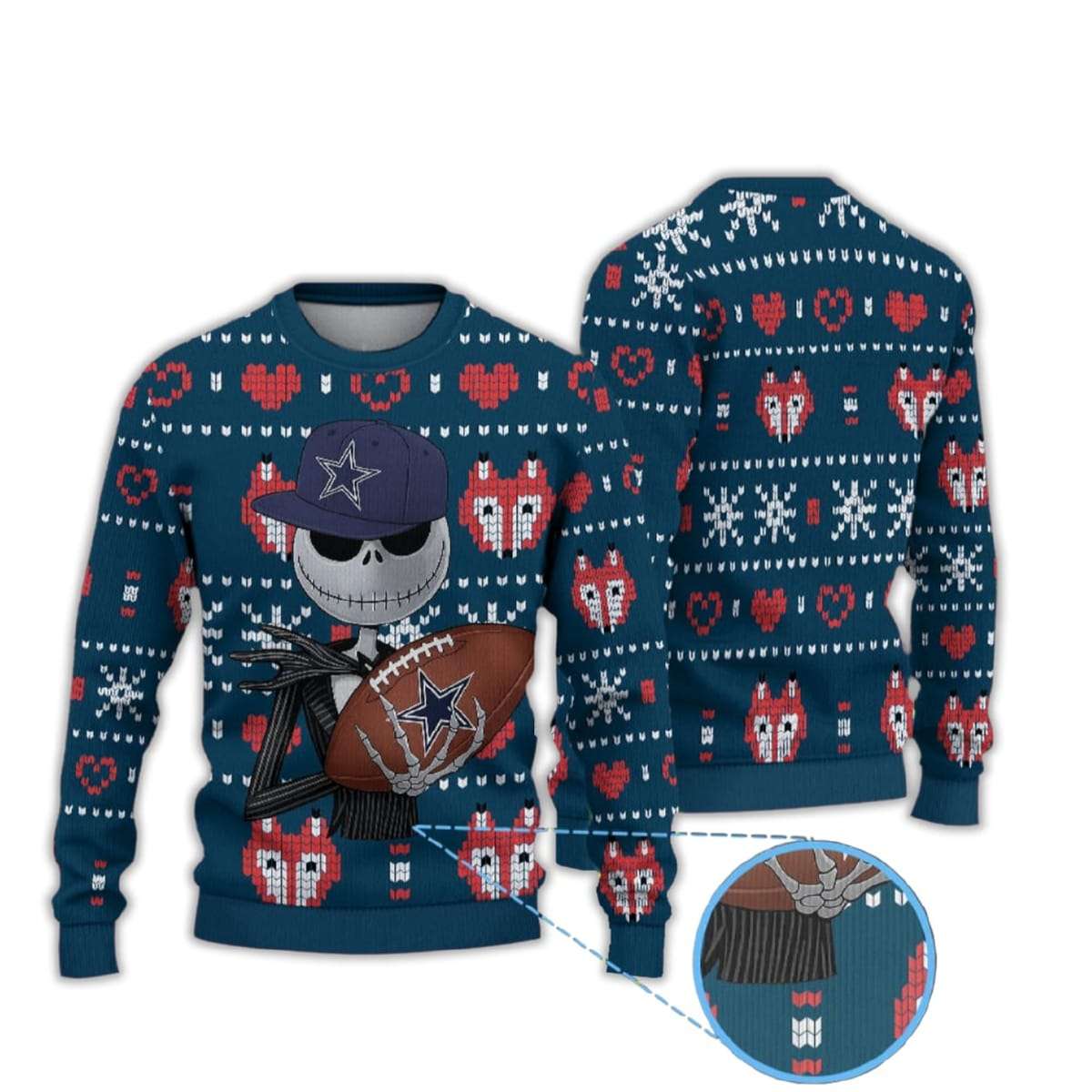 Heart Pattern Cowboys Jack Skellington Football Ugly Christmas Sweater Heart Pattern Cowboys Jack Skellington Football Ugly Christmas Sweater