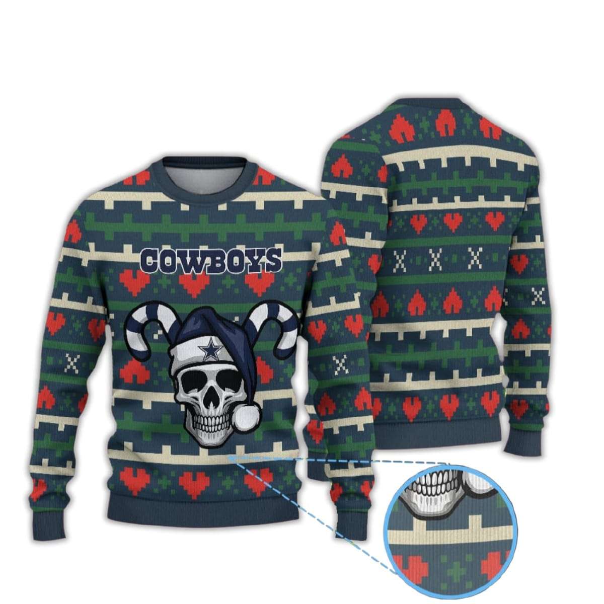 Heart Pattern Cowboys Skull Candy Cane Santa Hat Ugly Christmas Sweater Heart Pattern Cowboys Skull Candy Cane Santa Hat Ugly Christmas Sweater