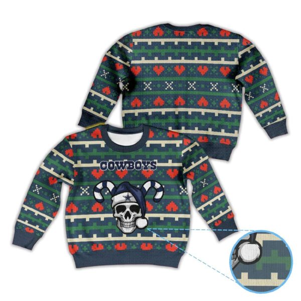 Heart Pattern Cowboys Skull Candy Cane Santa Hat Ugly Christmas Sweater