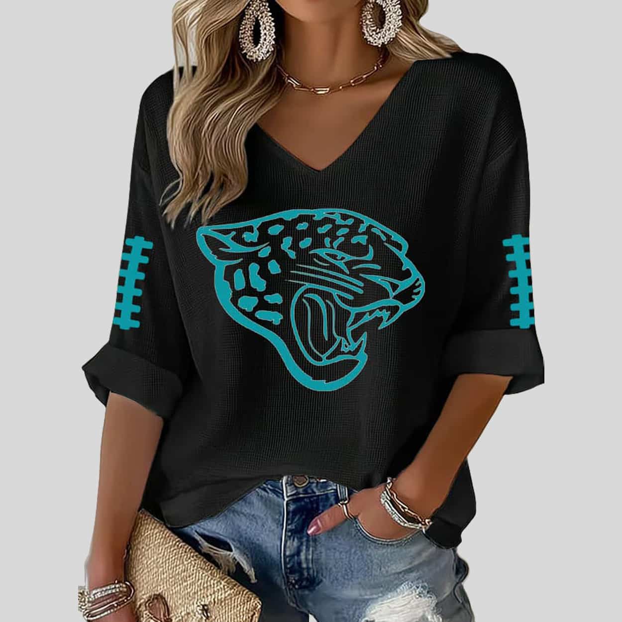 Jaguars Duuuval Casual Football Print Waffle Long Sleeve T-shirt Jaguars Duuuval Casual Football Print Waffle Long Sleeve T-shirt
