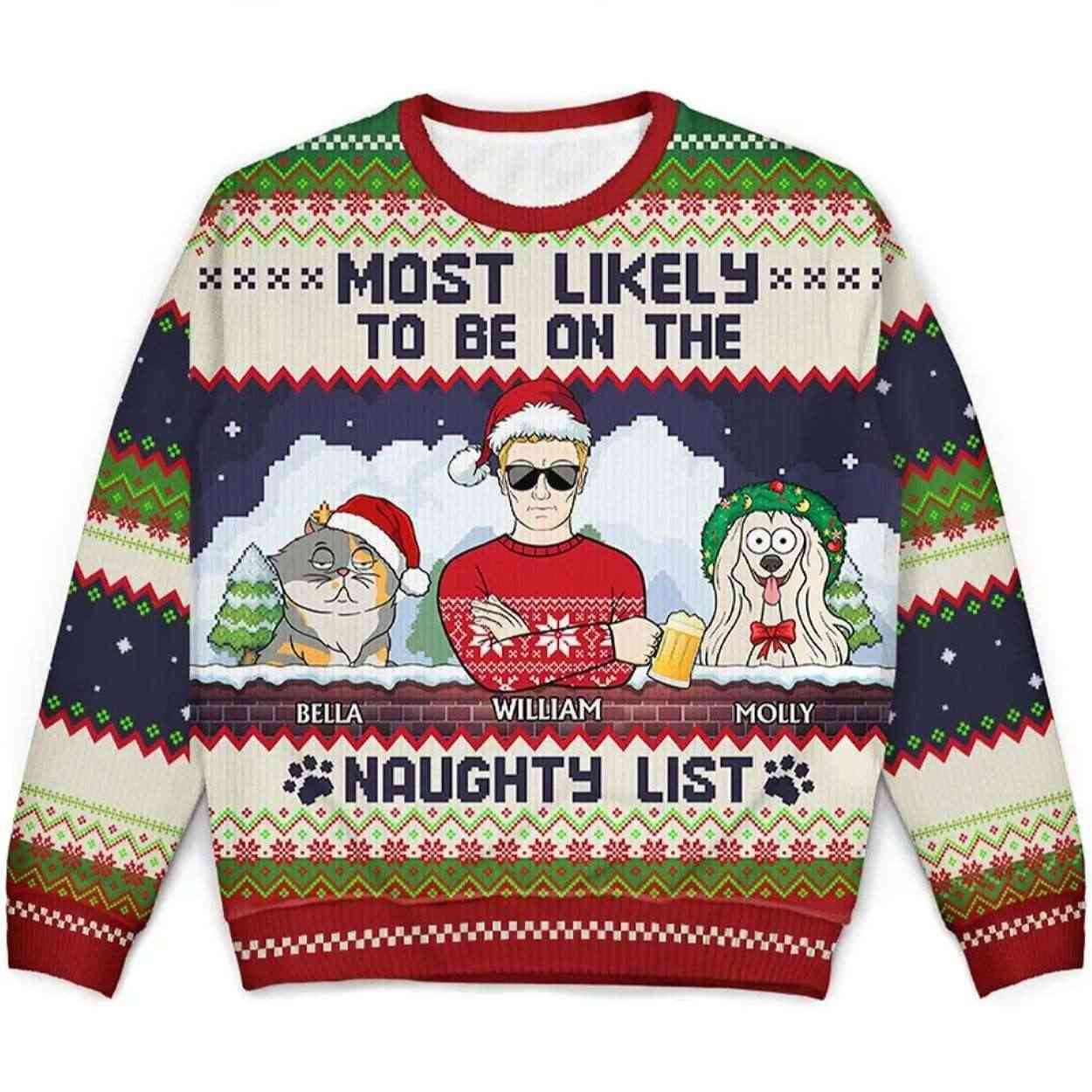 Most Likely To Be On The Naughty List Personalized Ugly Christmas Sweater Most Likely To Be On The Naughty List Personalized Ugly Christmas Sweater