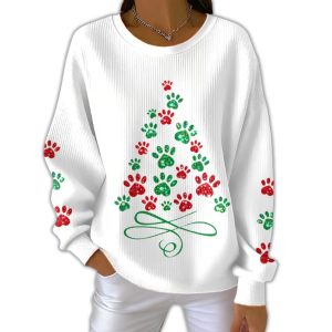 Women’s Fun Christmas Tree Animal Paw Print Sweatshirt