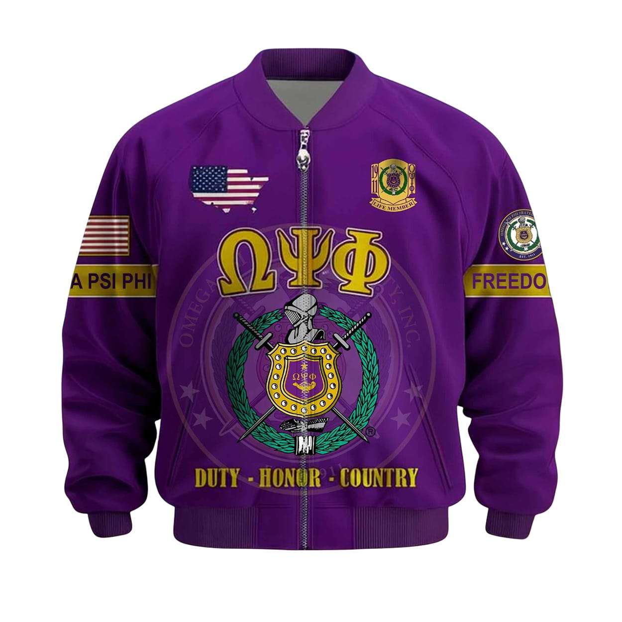 Omega Psi Phi Duty Honor Country Freedom Bomber Jacket Omega Psi Phi Duty Honor Country Freedom Bomber Jacket