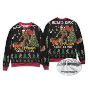 Believe Bigfoot Squatching Through The Snow Ugly Christmas Sweater1