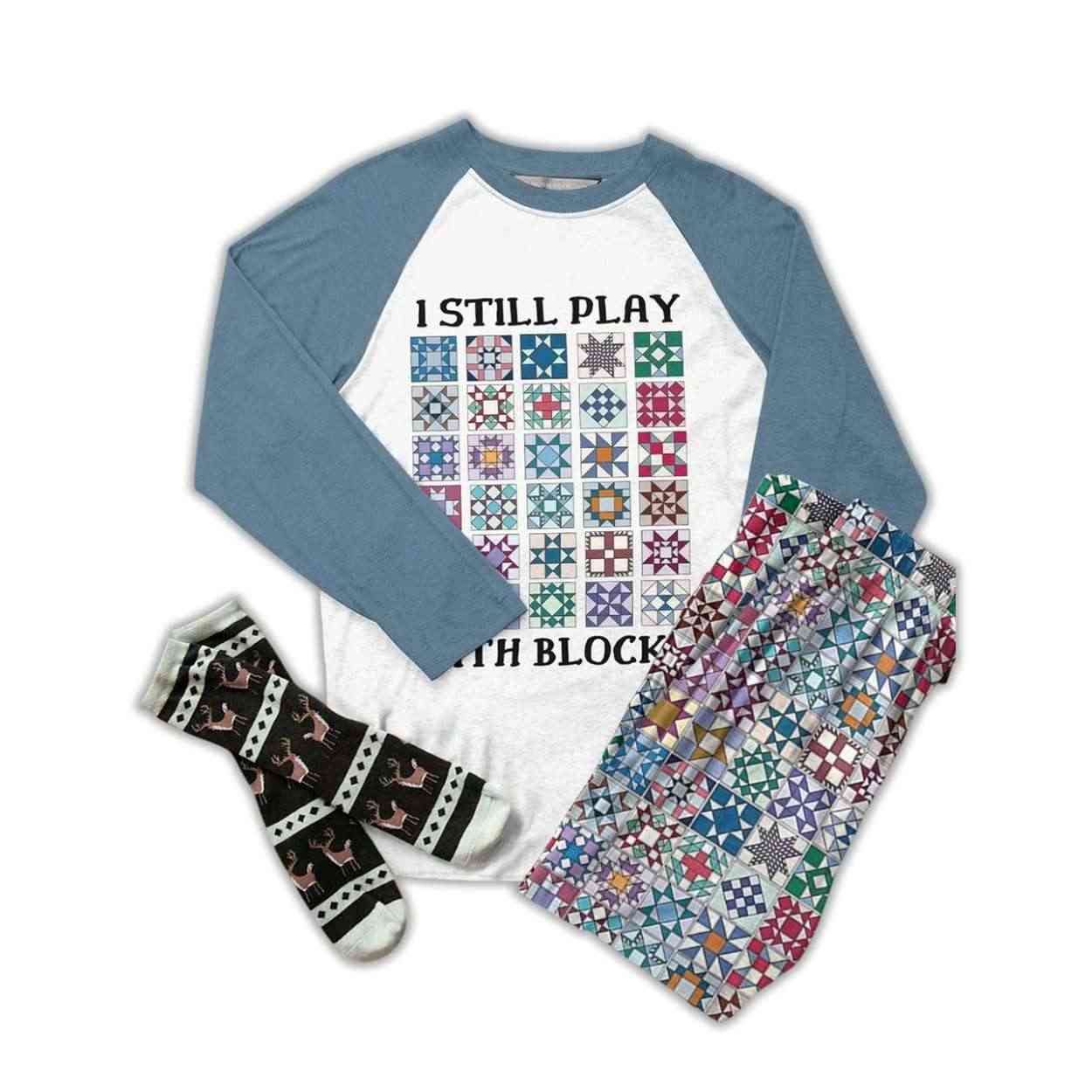 Sewing Lover Raglan Lounge Pajamas I Still Play With Blocks Cool Tone Sewing Lover Raglan Lounge Pajamas I Still Play With Blocks Cool Tone