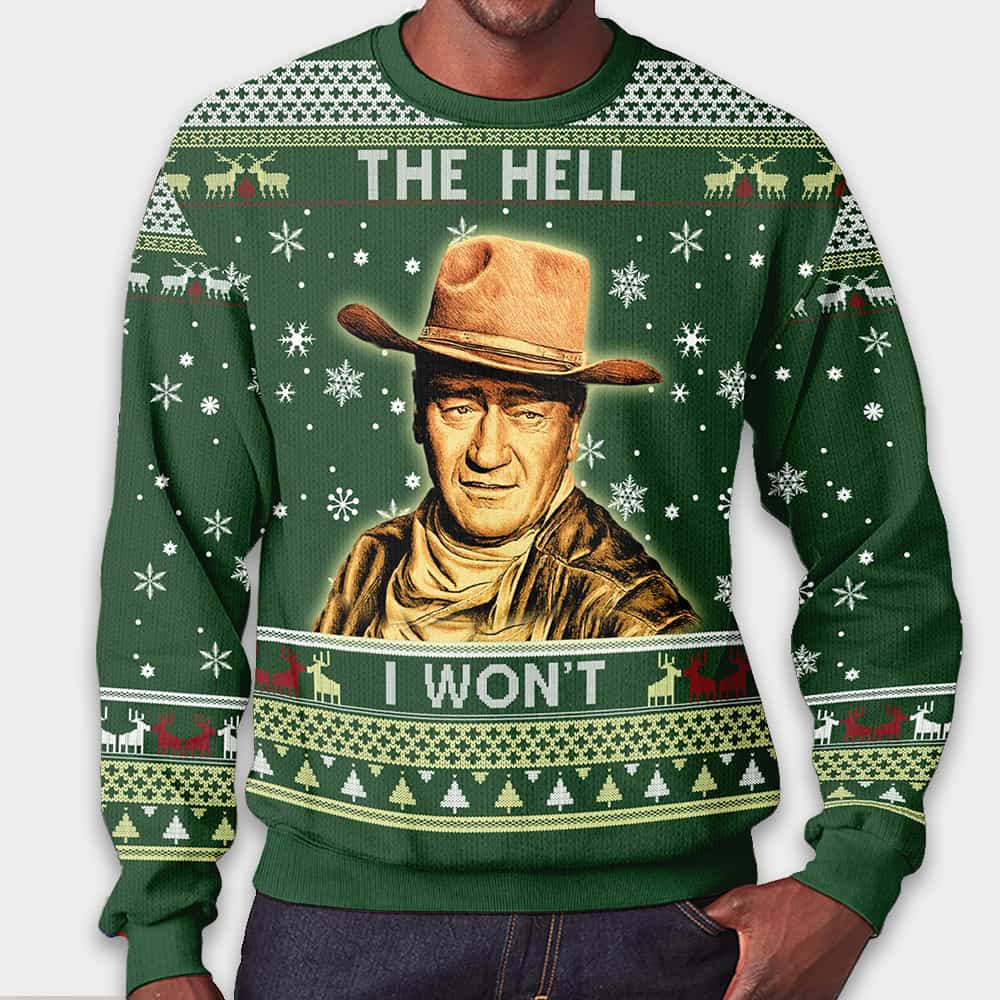 The Hell I Won’t 1980s TV Show Quote Ugly Christmas Sweater The Hell I Won’t 1980s TV Show Quote Ugly Christmas Sweater