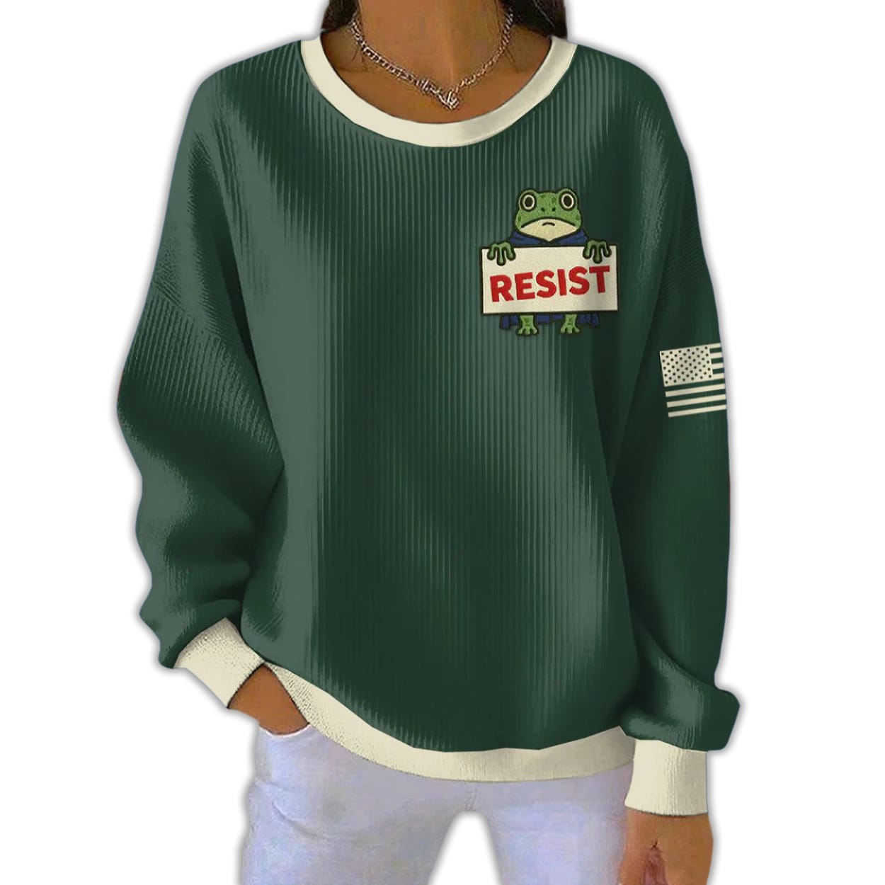 Women’s FDT Polish Frog Print Ribbed Round-Neck Sweatshirt Women’s FDT Polish Frog Print Ribbed Round-Neck Sweatshirt