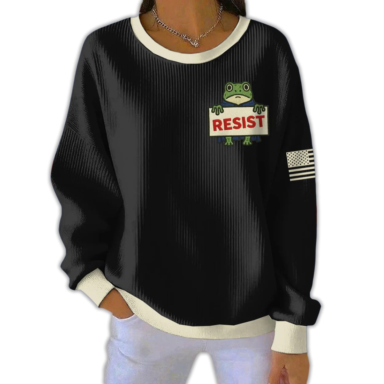 Womens FDT Polish Frog Print Ribbed Round Neck Sweatshirt1 Women's FDT Polish Frog Print Ribbed Round-Neck Sweatshirt
