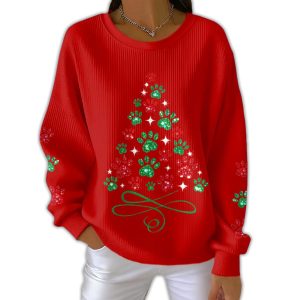 Women's Fun Christmas Tree Animal Paw Print Sweatshirt 1 Womens Fun Christmas Tree Animal Paw Print Sweatshirt1