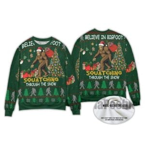 Believe Bigfoot Squatching Through The Snow Ugly Christmas Sweater