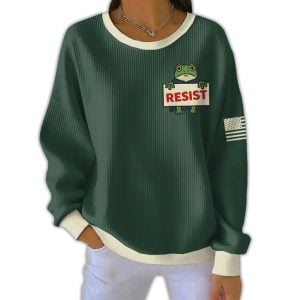 Women’s FDT Polish Frog Print Ribbed Round-Neck Sweatshirt
