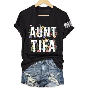 V-Neck Retro Aunt Tifa Print T-Shirt 2 V Neck Retro Aunt Tifa Print T Shirt2