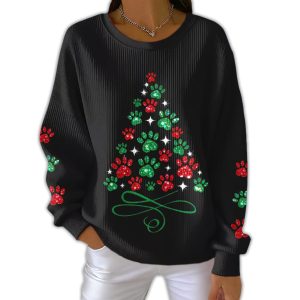 Women's Fun Christmas Tree Animal Paw Print Sweatshirt 3 Womens Fun Christmas Tree Animal Paw Print Sweatshirt3